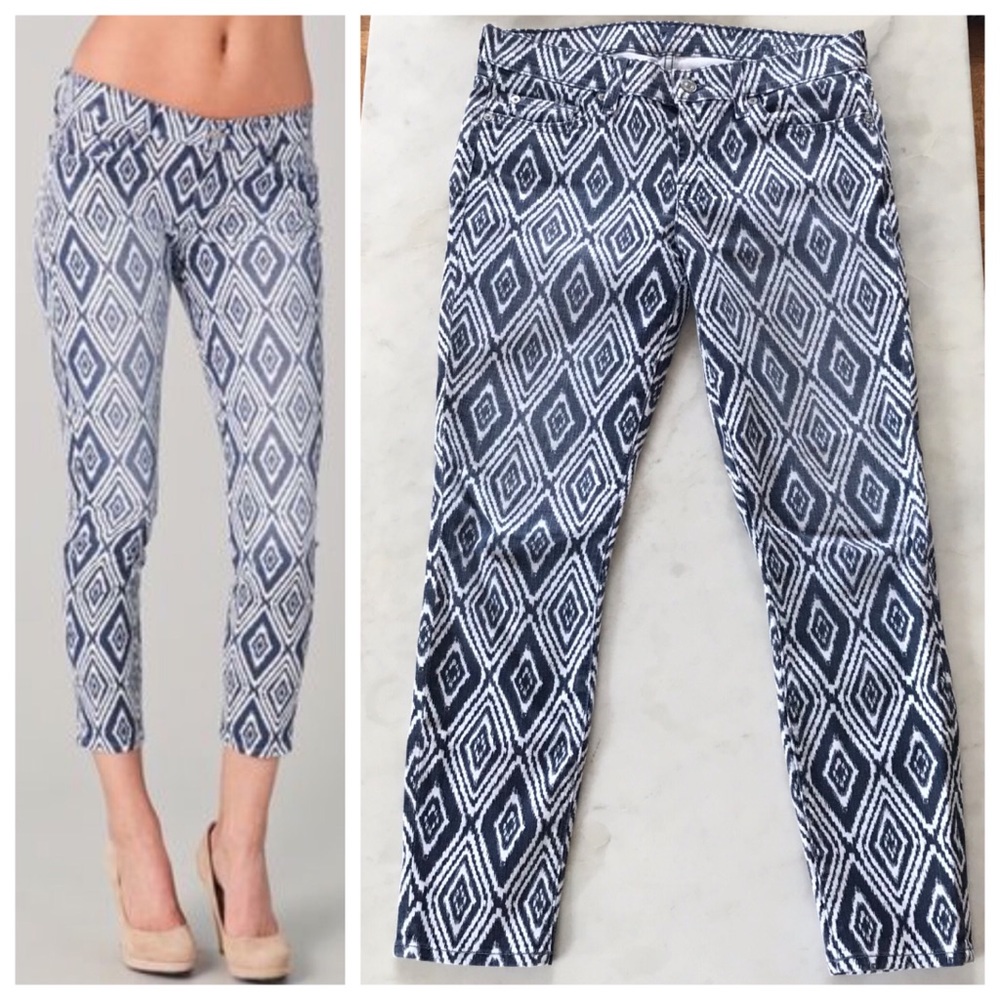 7 For All Mankind Blue White Print Cropped Skinny